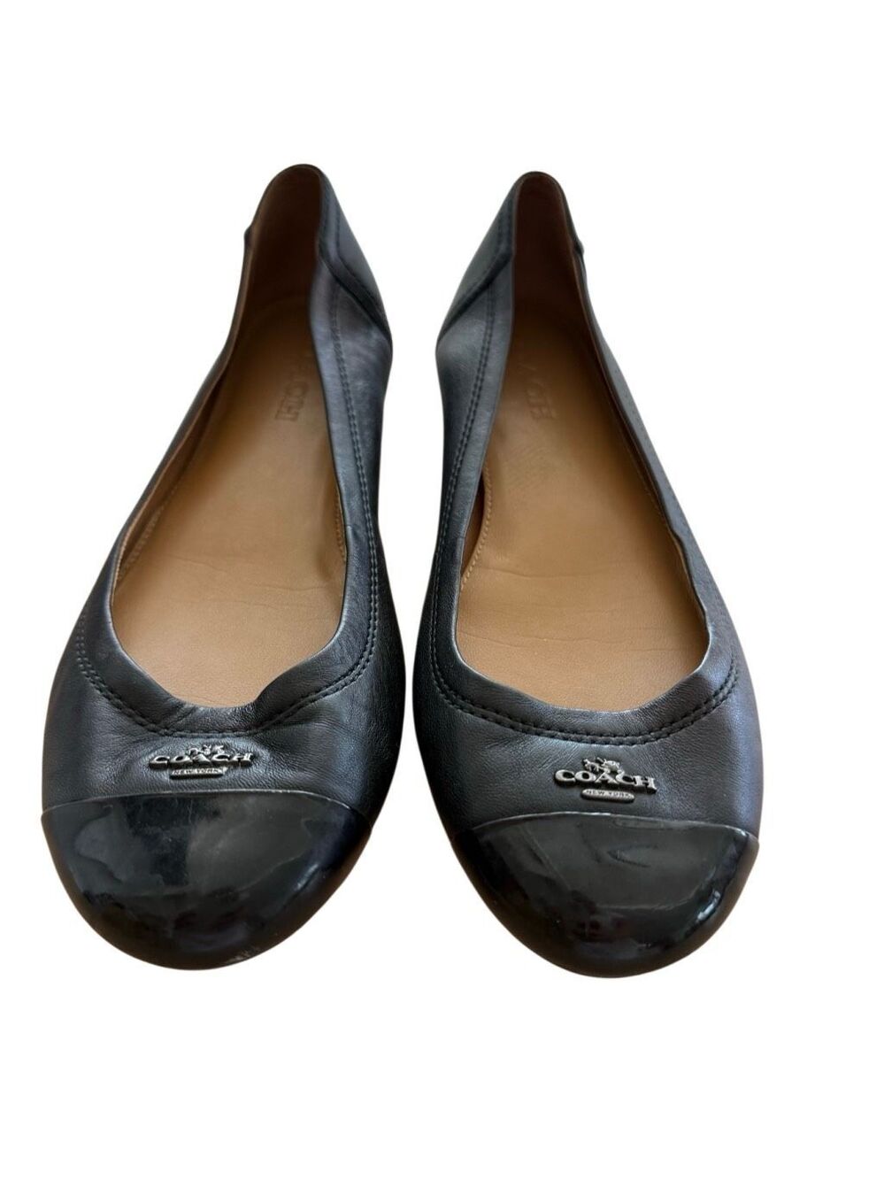 Coach Womens Black Leather Patent Toe Cap Chelsea Ballet Flats Size 6B
